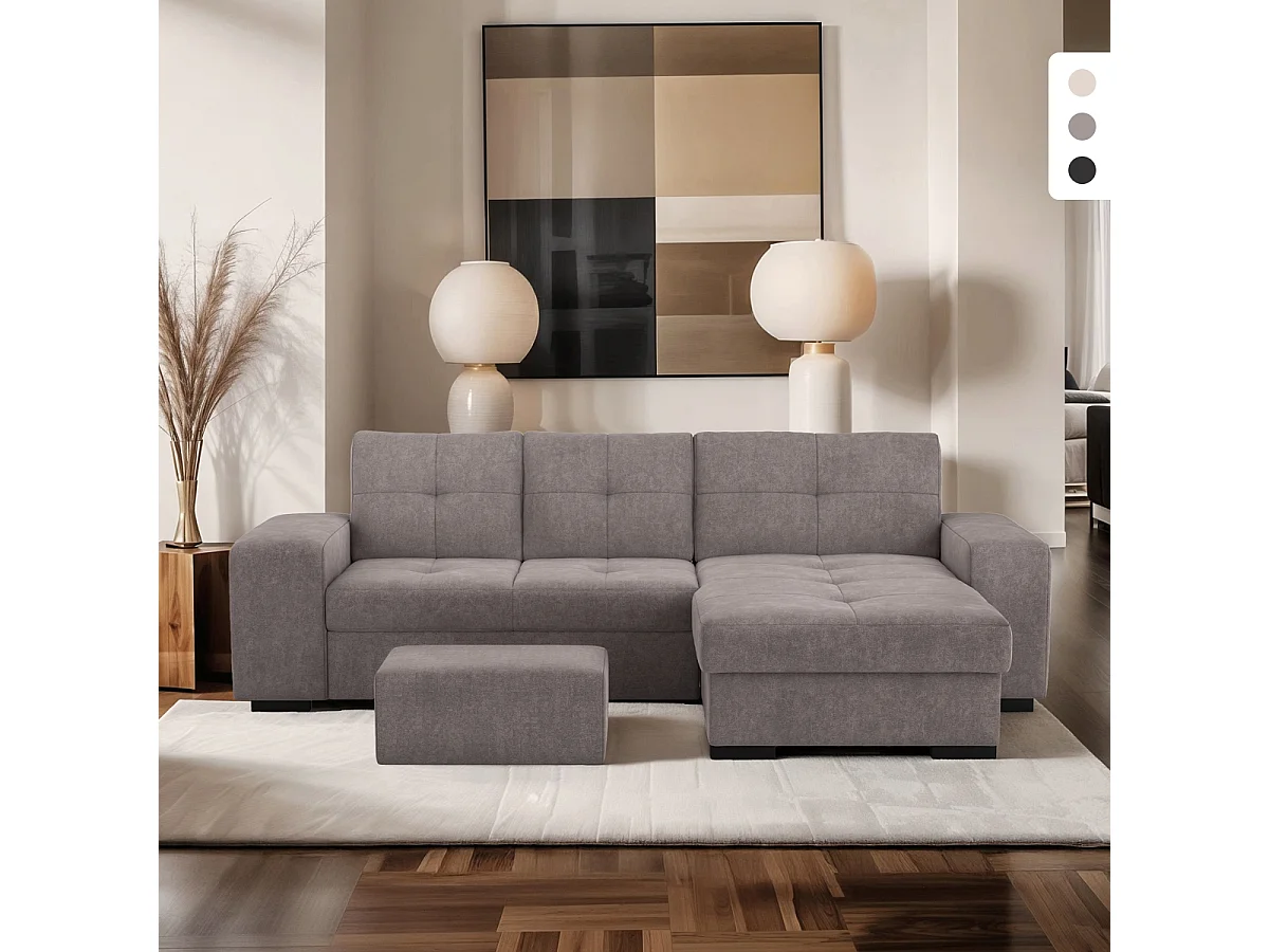 Divano angolare moderno 3 posti con penisola destra e pouf Vilo - Grigio Scuro