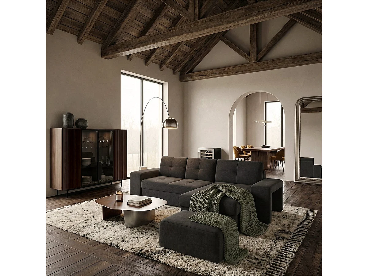 Moderner 3-Sitzer-Ecksofa mit rechter Ottomane und Hocker Vilo - Schwarz