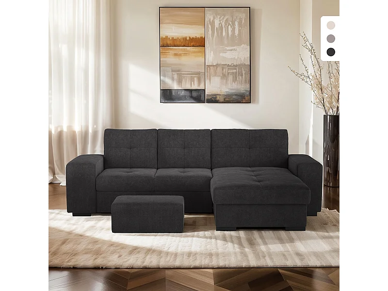 Divano angolare moderno 3 posti con penisola destra e pouf Vilo - Nero