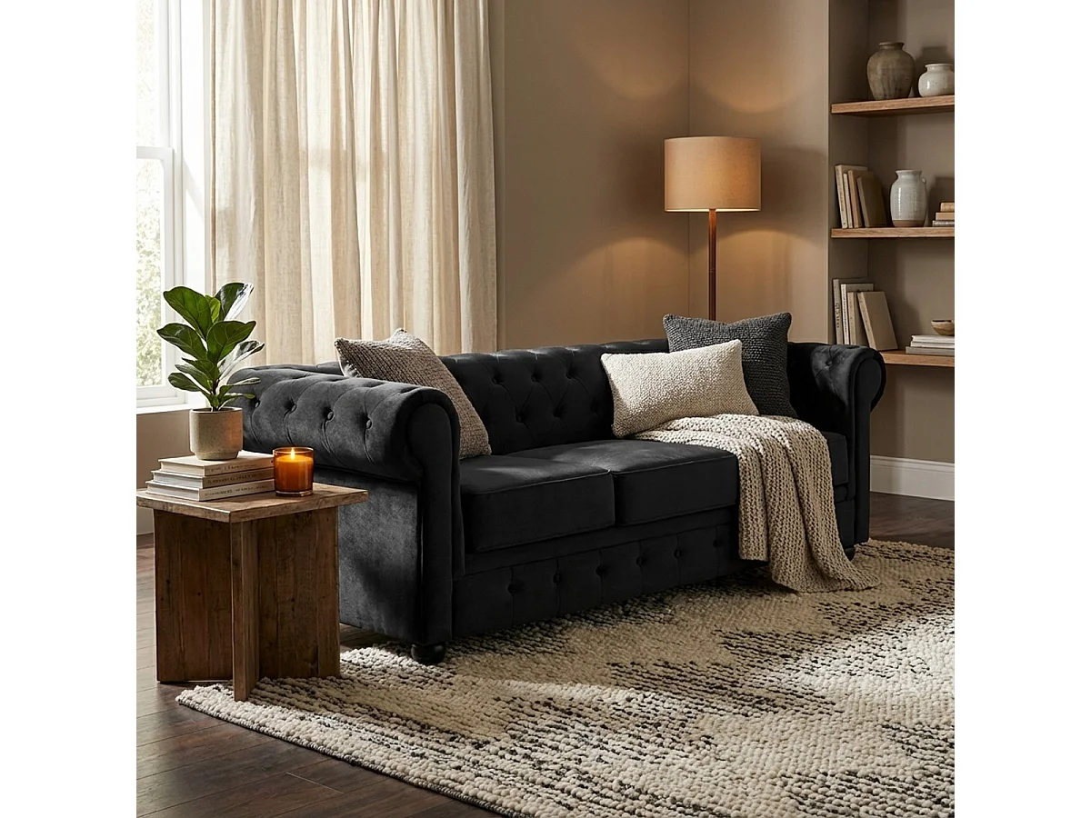 Sofá Chesterfield de terciopelo de 3 plazas estilo clásico vintage Norwich - Negro