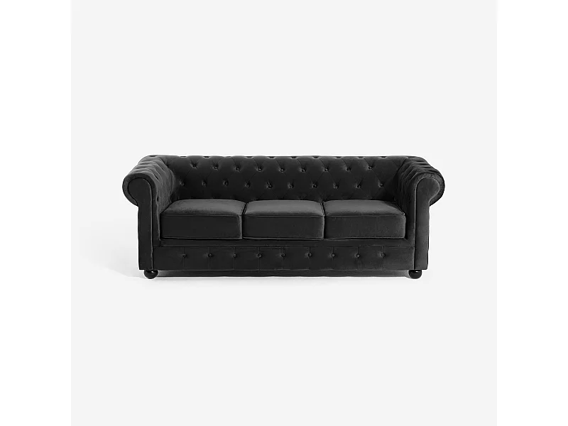 Divano Chesterfield in velluto 3 posti stile classico vintage Norwich - Nero