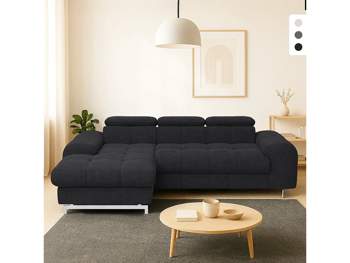 Divano 3 posti con penisola a sinistra e poggiatesta regolabile Tivon - Nero