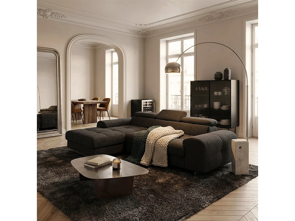 Sofá de 3 plazas con chaise longue a la izquierda y reposacabezas ajustable Tivon - Negro