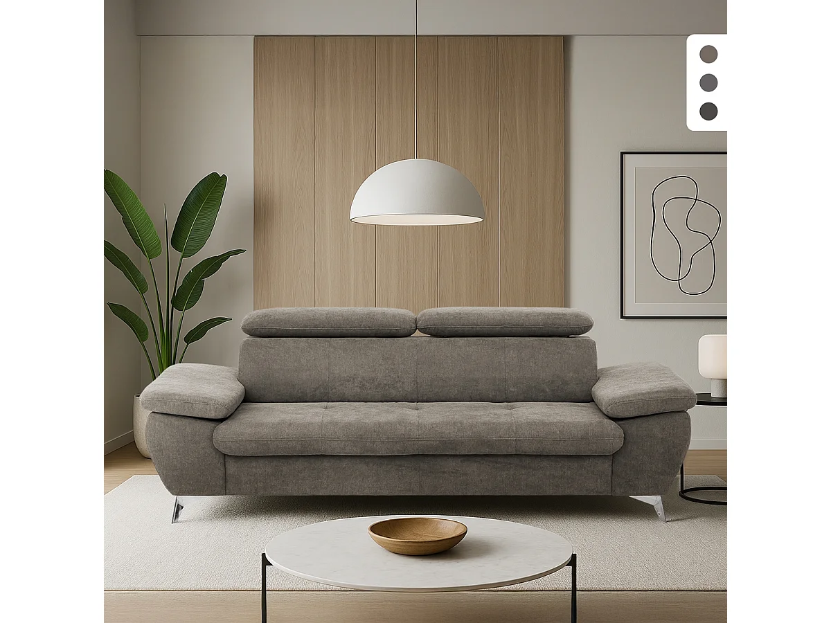 Divano moderno 3 posti in tessuto con schienale e braccioli regolabili Zana - Grigio