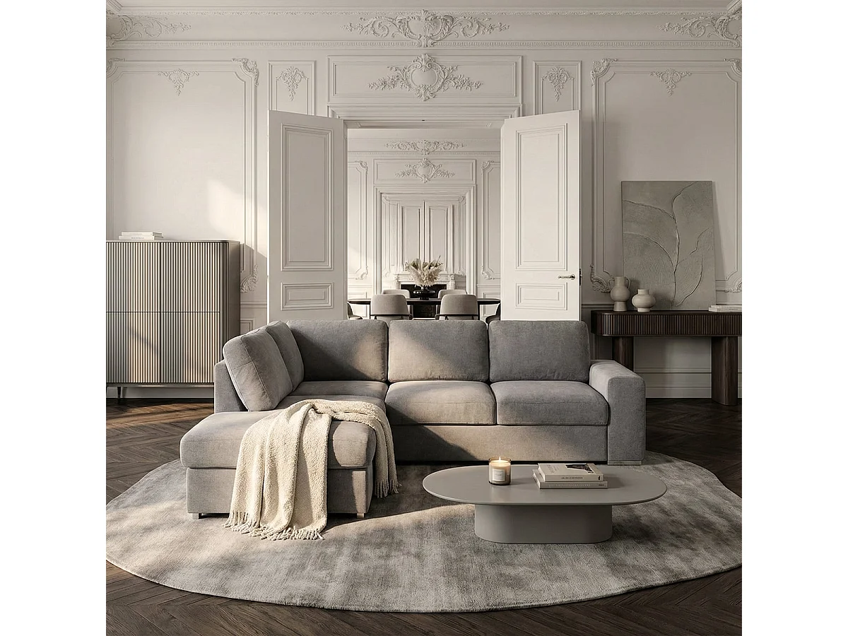 Sofá moderno 3 plazas con chaise longue izquierda tejido chenilla Kuvia - Gris