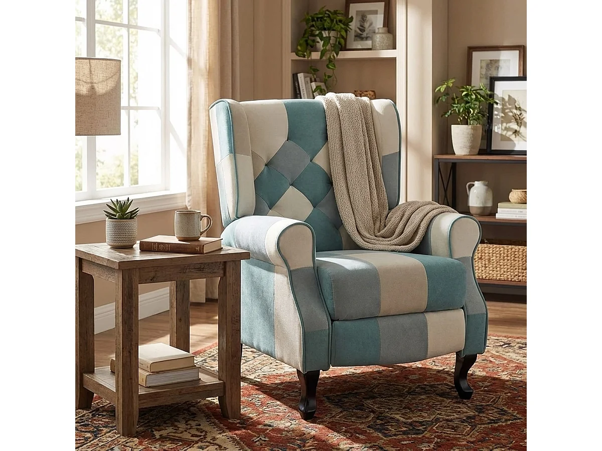 Poltrona patchwork relax bergère reclinabile poggiapiedi azzurro Ethron