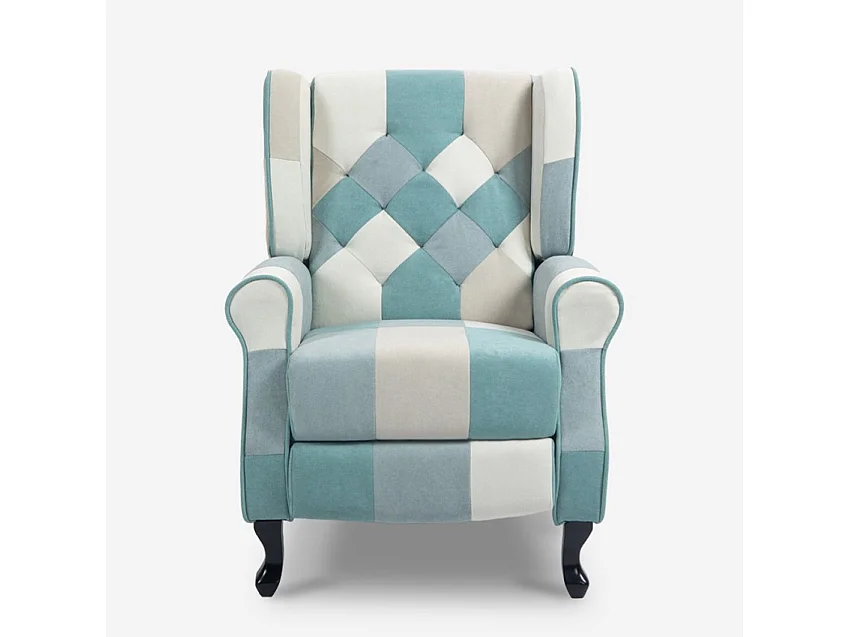 Poltrona patchwork relax bergère reclinabile poggiapiedi azzurro Ethron