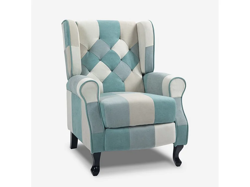 Patchwork Sessel relax bergère verstellbare Fußstütze hellblau Ethron