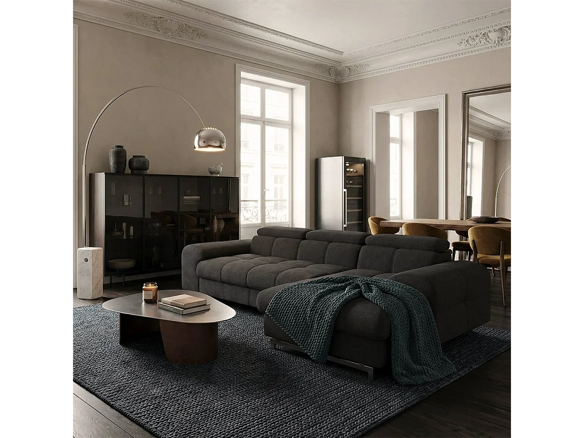 Sofá rinconero 3 plazas con chaise longue derecha y reposacabezas ajustable Zafra - Negro