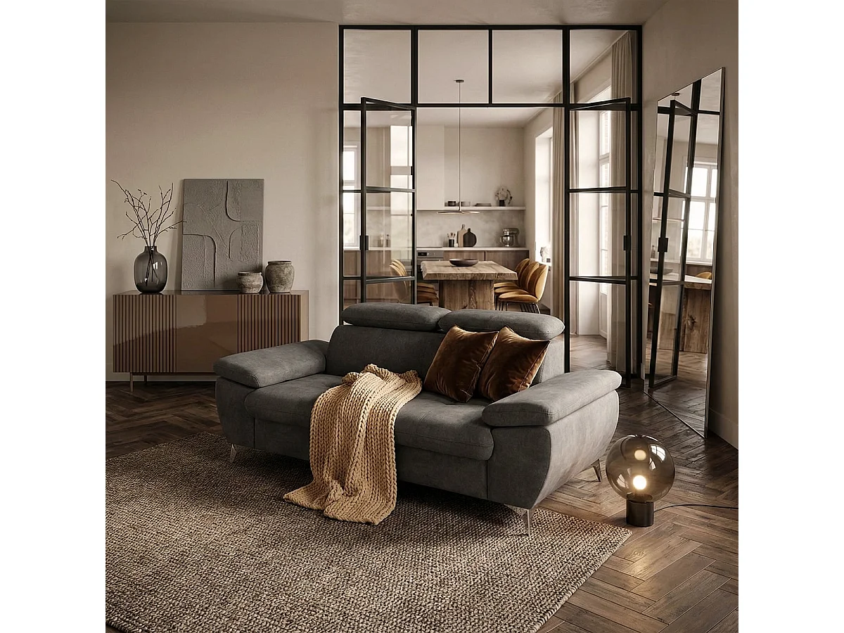 2-Sitzer Sofa mit verstellbarer Rückenlehne und Armlehnen in Sumi-Stoff - Dunkel Grau