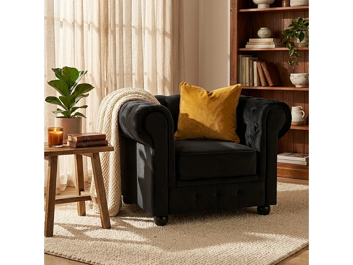 Fauteuil de salon style classique Chesterfield en velours Coventry - Noir