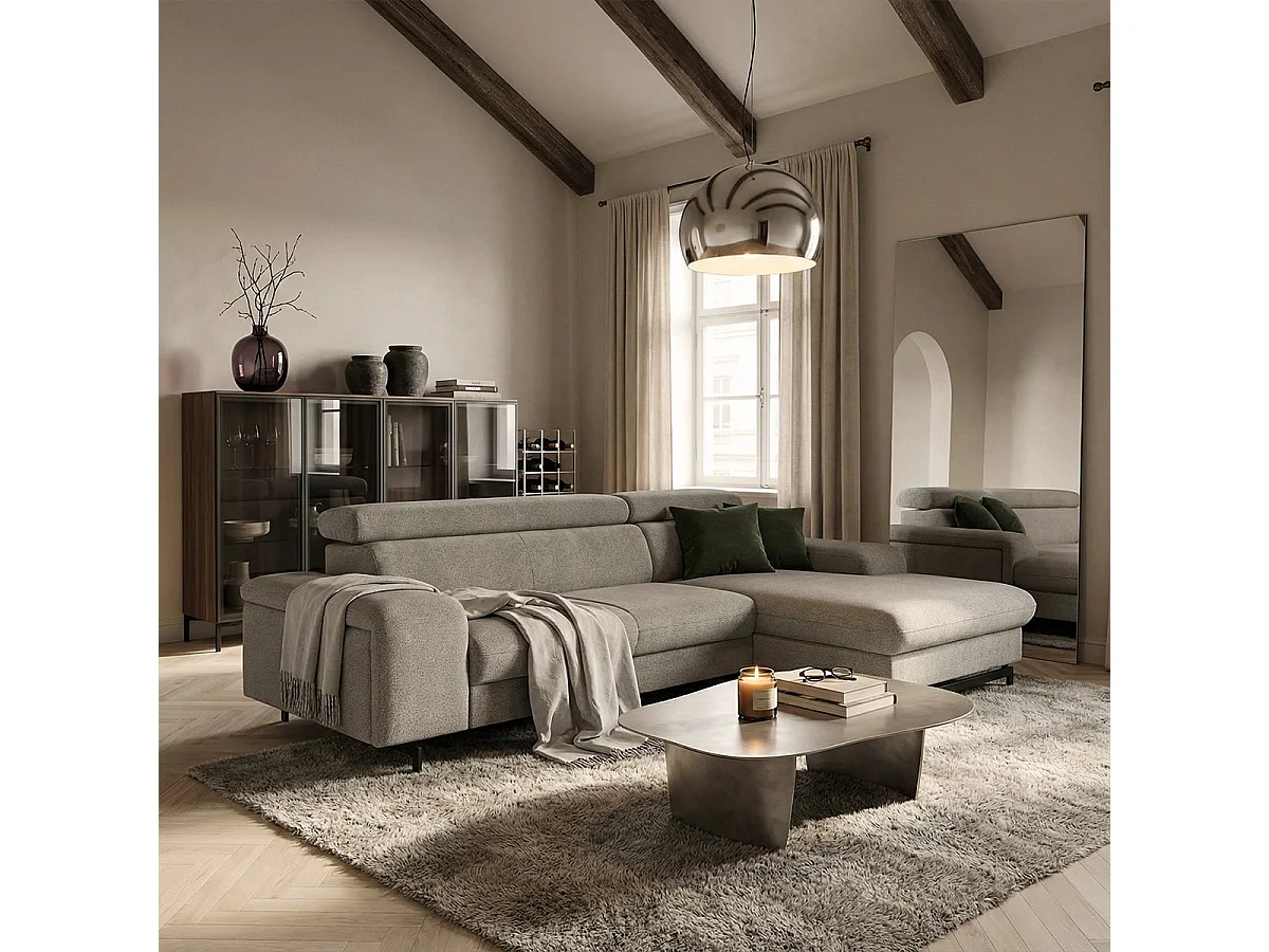 Sofá rinconero de 3 plazas con chaise longue derecha y reposacabezas ajustable Hiala - Beige
