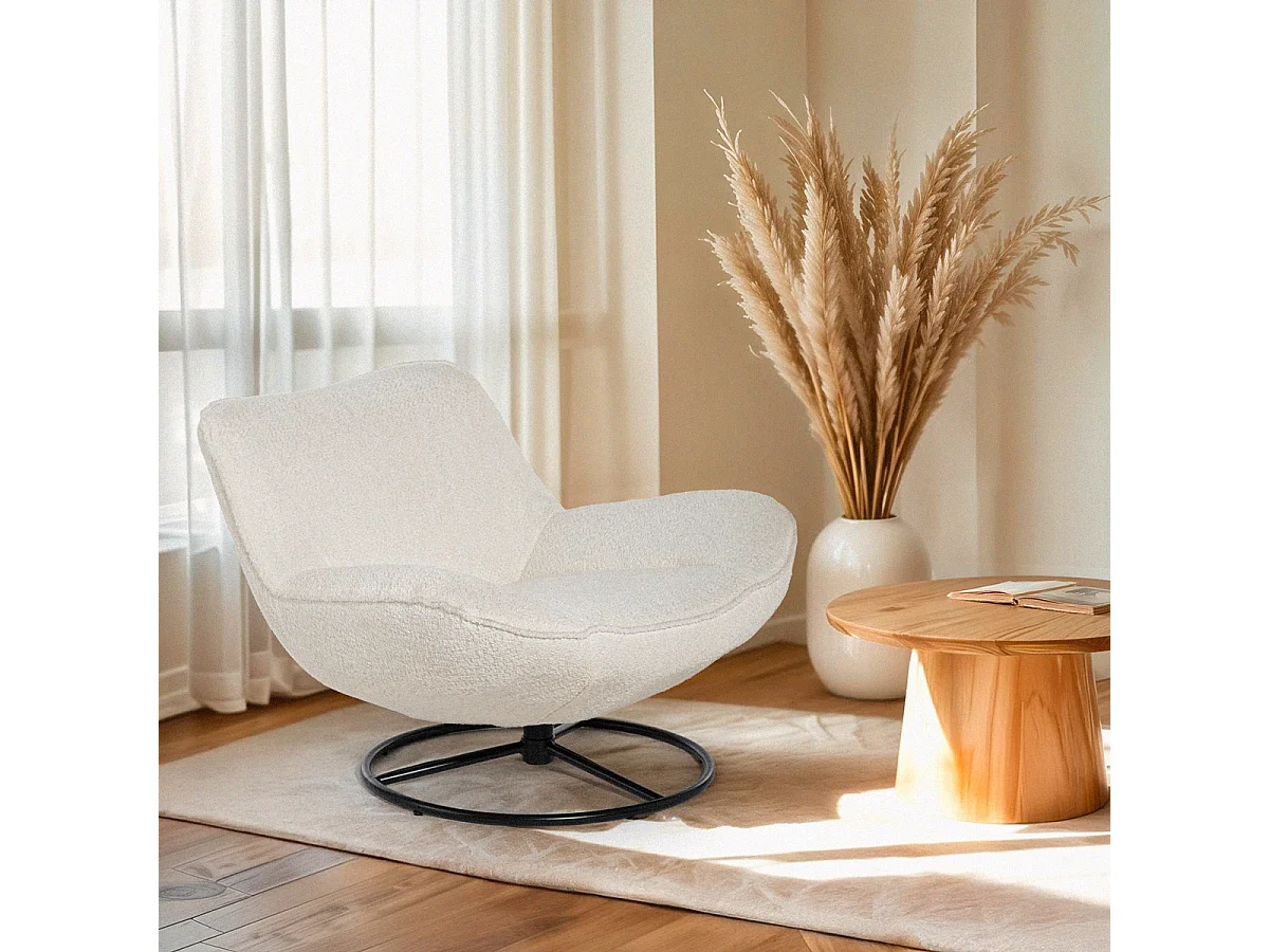 Poltrona da salotto ufficio moderna girevole in tessuto bouclé Konn - Bianco