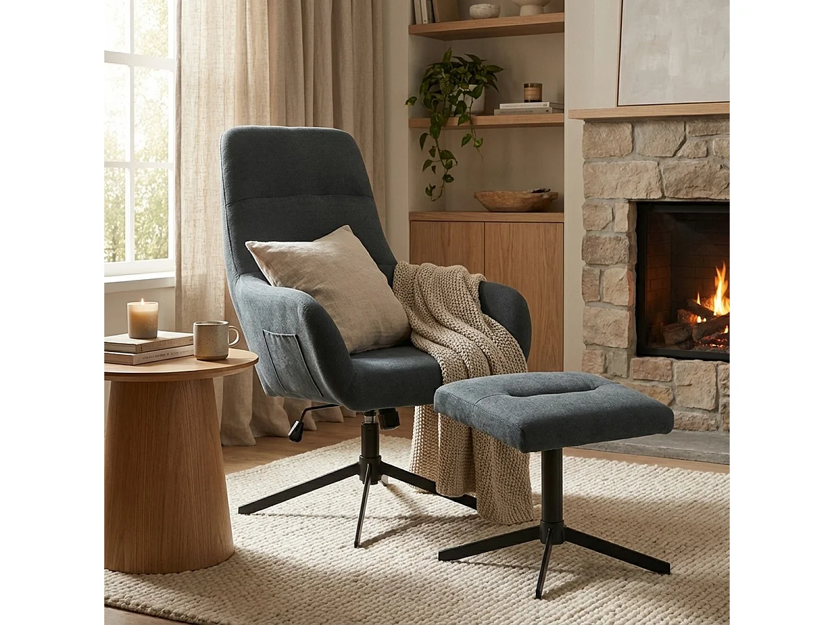 Poltrona relax ergonomica in tessuto grigio con poggiapiedi Asher