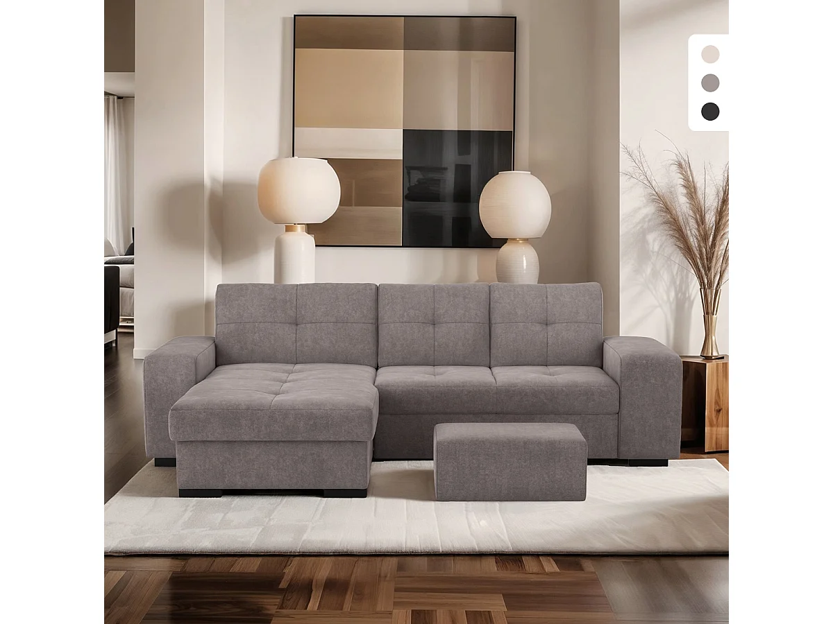 Divano 3 posti angolare moderno con penisola sinistra e pouf Navi - Grigio Scuro
