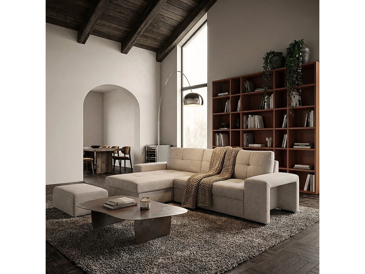 Moderner 3-Sitzer Ecksofa mit linker Ottomane und Pouf Navi - Dunkel Grau