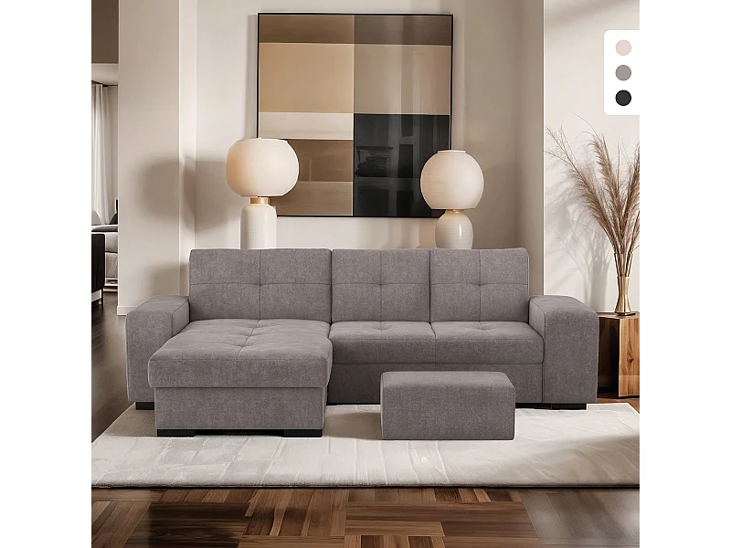 Divano 3 posti angolare moderno con penisola sinistra e pouf Navi - Grigio Scuro