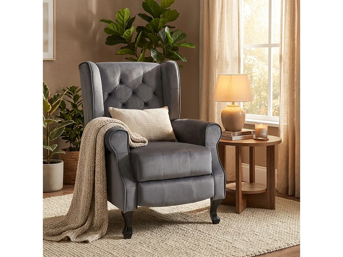 Poltrona salotto bergère in tessuto velluto reclinabile Ethron Lux - Grigio