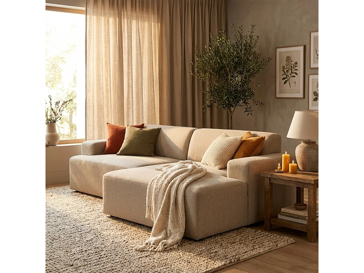 Sofá de diseño moderno de 3 plazas con chaise longue a la derecha de tela Toliman - Beige