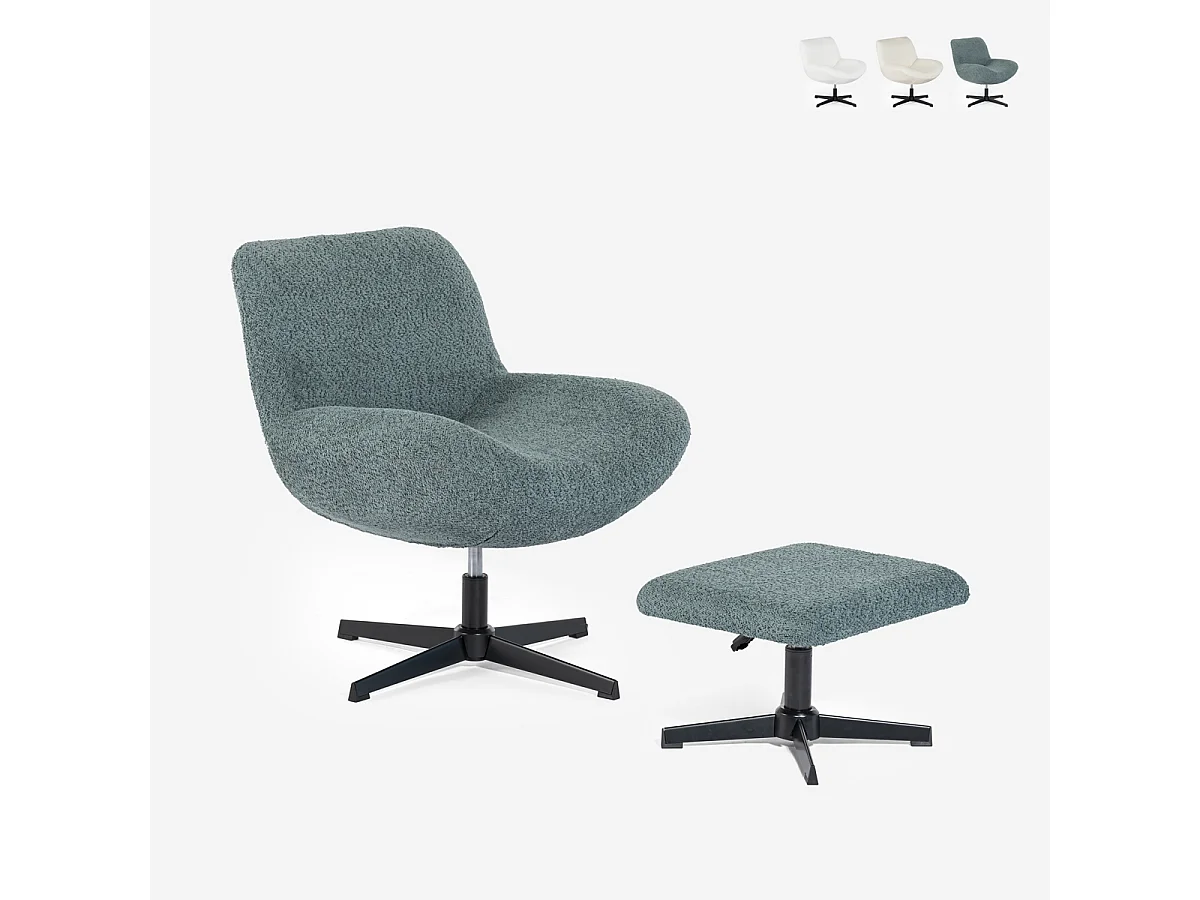 Sessel Wohnzimmer ergonomisch drehbar aus Bouclé mit Fußstütze Janes - Blau