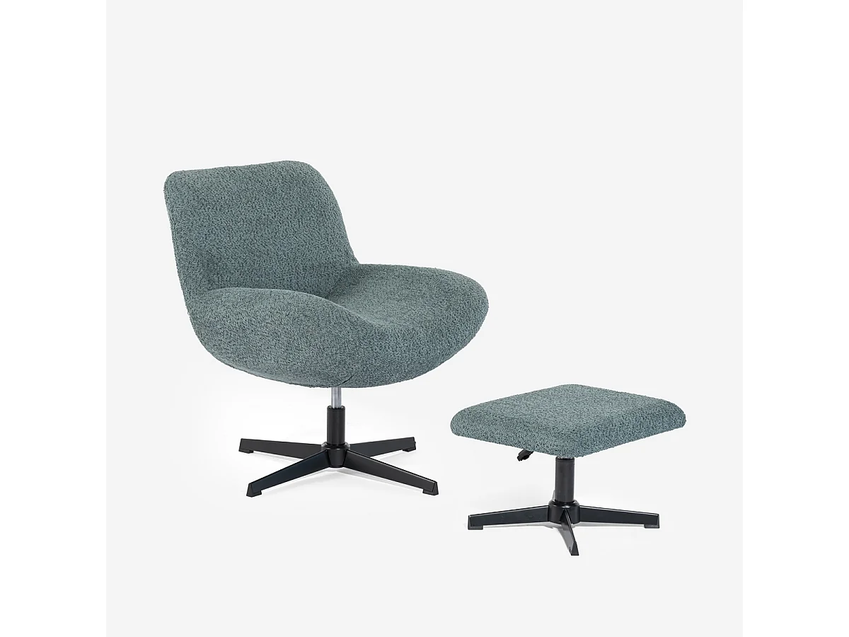 Sessel Wohnzimmer ergonomisch drehbar aus Bouclé mit Fußstütze Janes - Blau