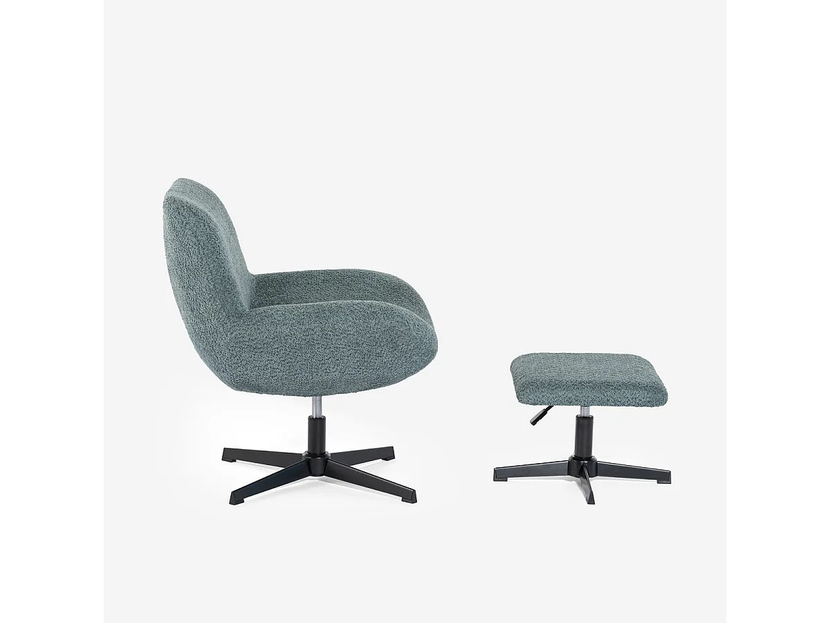 Sessel Wohnzimmer ergonomisch drehbar aus Bouclé mit Fußstütze Janes - Blau