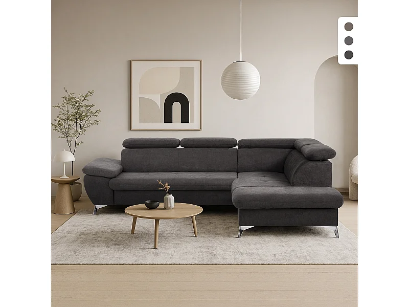 Divano letto 3 posti regolabile con penisola destra contenitore Tova - Nero