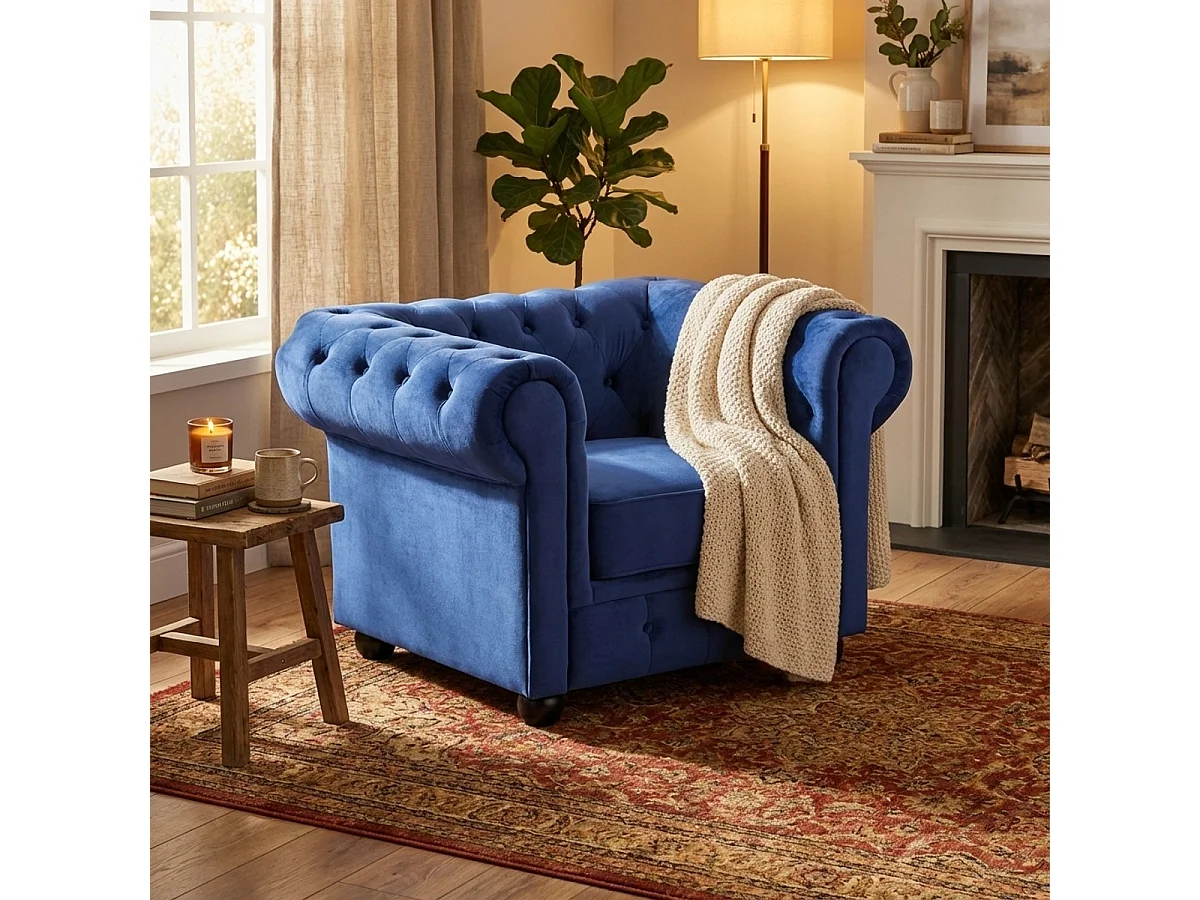 Fauteuil de salon style classique Chesterfield en velours Coventry - Bleu