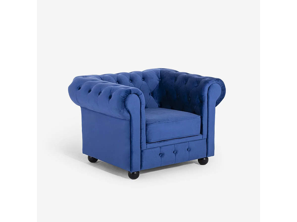 Fauteuil de salon style classique Chesterfield en velours Coventry - Bleu