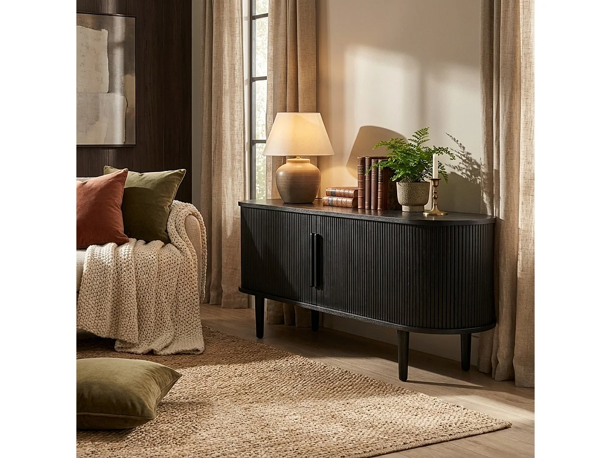 Mueble TV de madera vintage con puertas correderas acanaladas Fersit - Negro