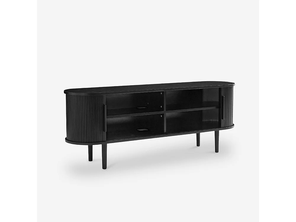 Mueble TV de madera vintage con puertas correderas acanaladas Fersit - Negro