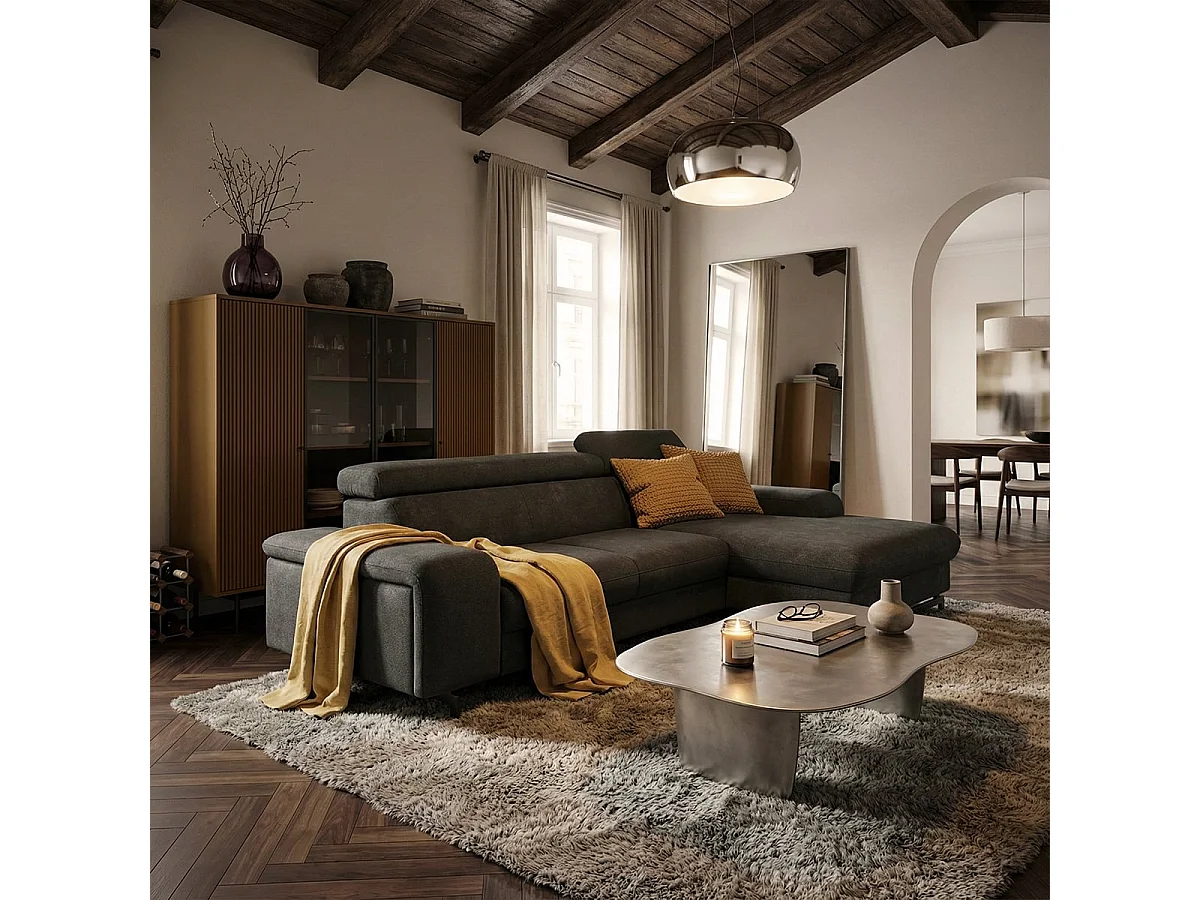 Sofá rinconero de 3 plazas con chaise longue derecha y reposacabezas ajustable Hiala - Gris Oscuro