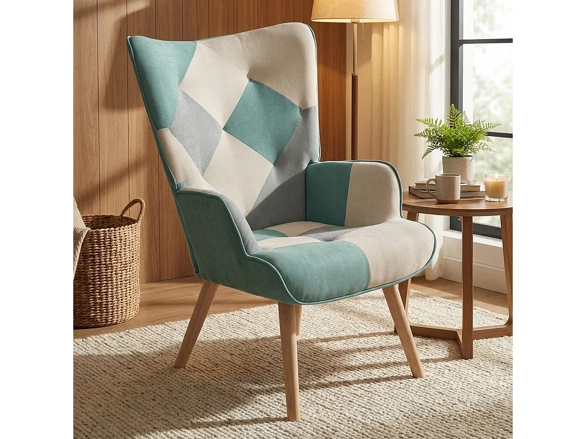 Sillón de salón estilo patchwork escandinavo de madera color blanco azul Chapty