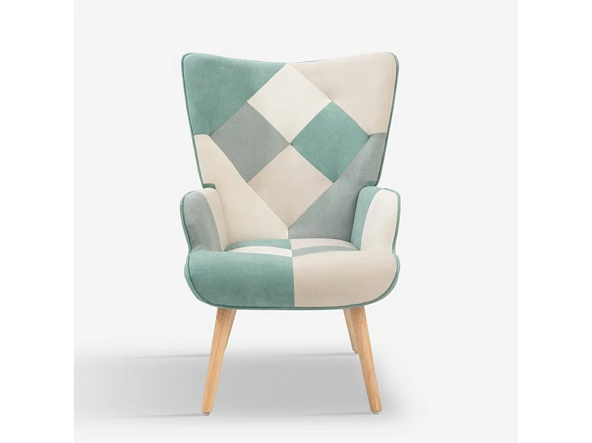 Sillón de salón estilo patchwork escandinavo de madera color blanco azul Chapty