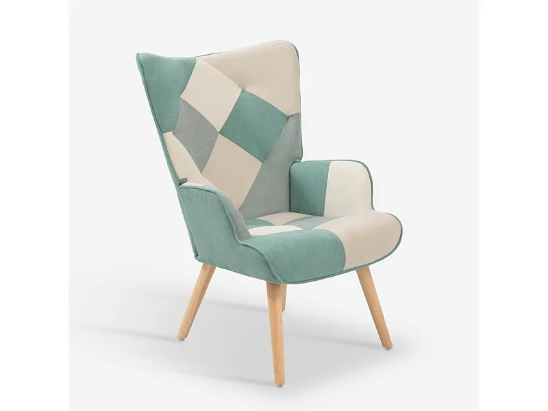 Sillón de salón estilo patchwork escandinavo de madera color blanco azul Chapty