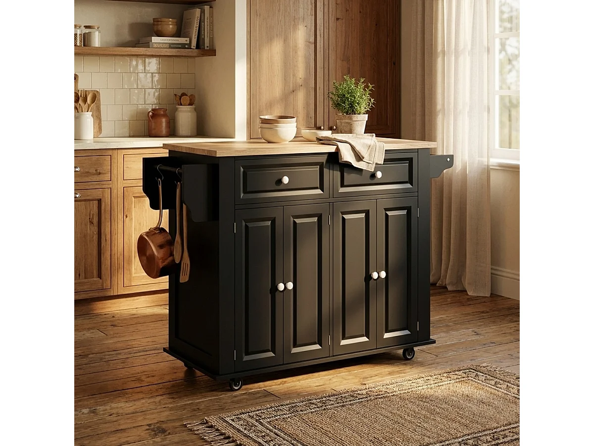 Kücheninsel mit Rollen 2 Schubladen 4 Türen und Gewürzregal Turchese - Schwarz