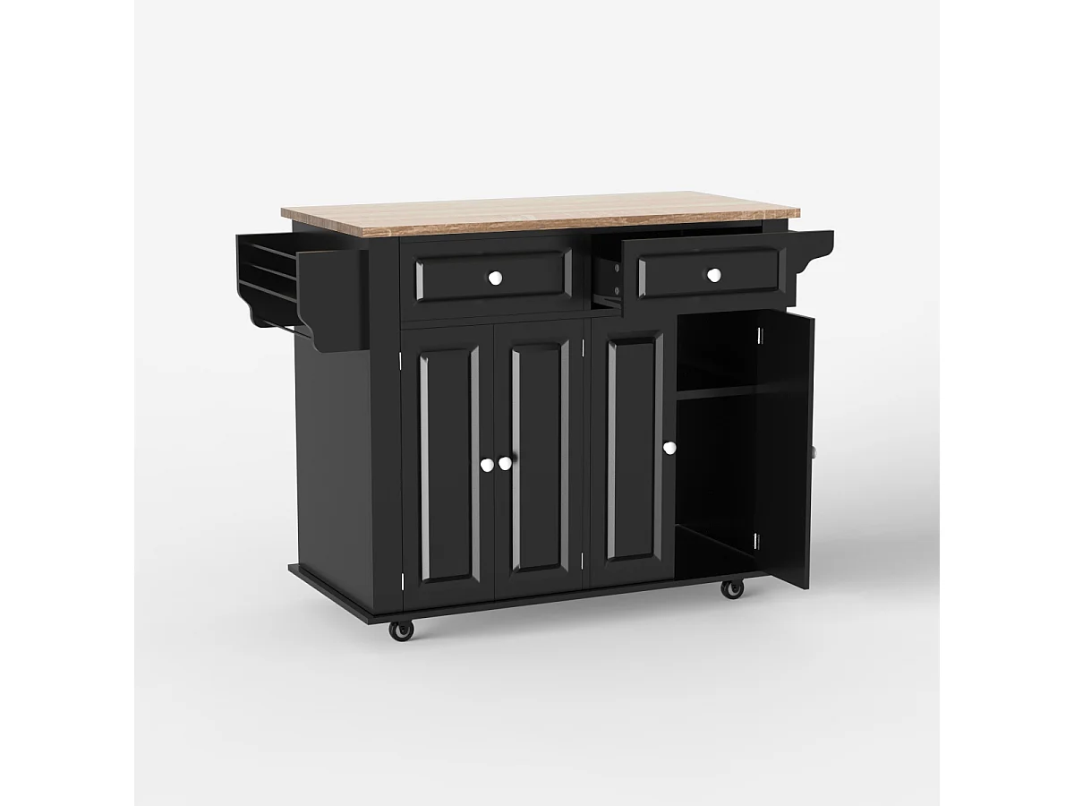 Kücheninsel mit Rollen 2 Schubladen 4 Türen und Gewürzregal Turchese - Schwarz