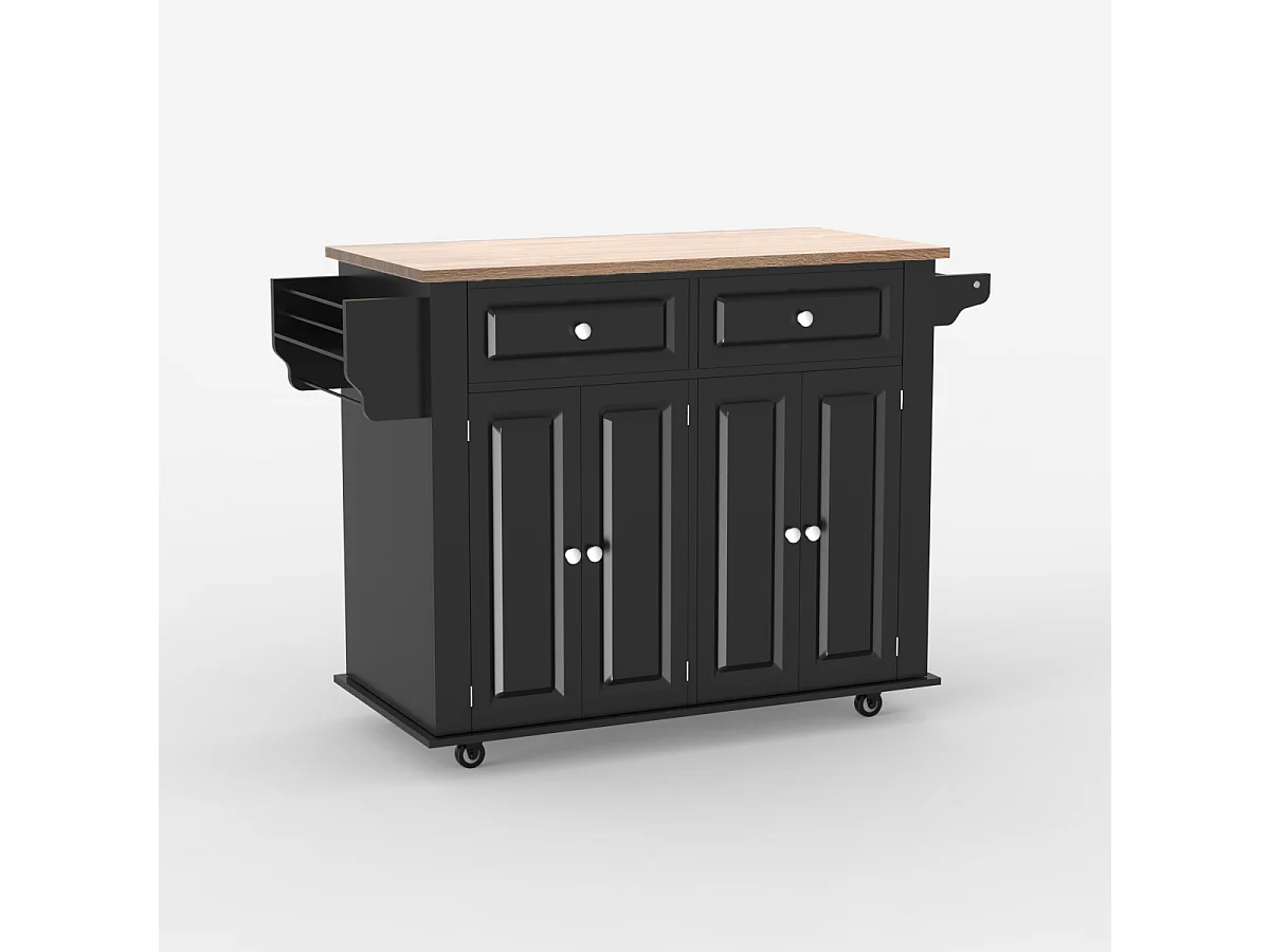 Kücheninsel mit Rollen 2 Schubladen 4 Türen und Gewürzregal Turchese - Schwarz