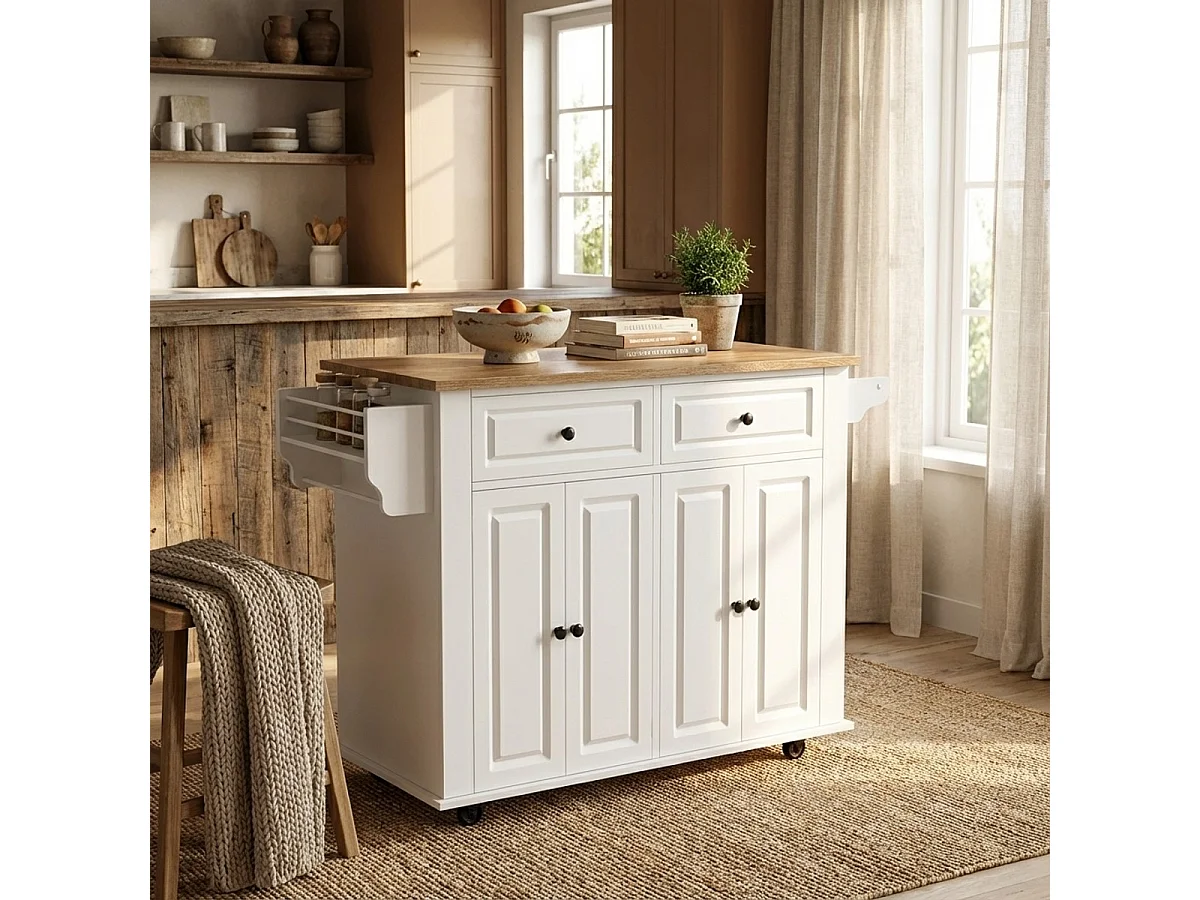 Kücheninsel mit Rollen 2 Schubladen 4 Türen und Gewürzregal Turchese - Weiß