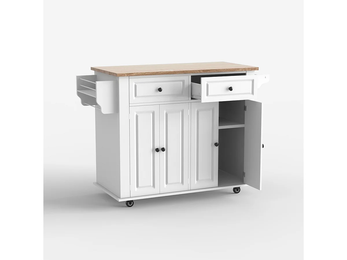 Kücheninsel mit Rollen 2 Schubladen 4 Türen und Gewürzregal Turchese - Weiß