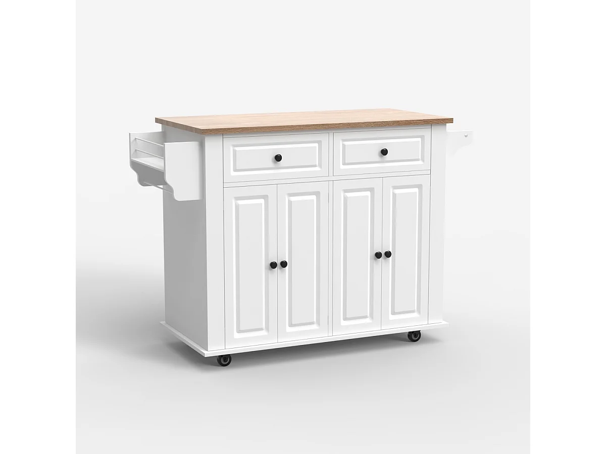 Kücheninsel mit Rollen 2 Schubladen 4 Türen und Gewürzregal Turchese - Weiß