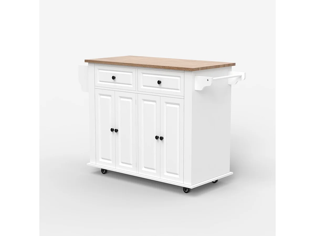 Kücheninsel mit Rollen 2 Schubladen 4 Türen und Gewürzregal Turchese - Weiß