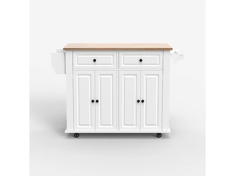 Isla de cocina con ruedas, 2 cajones, 4 puertas y especiero Turchese - Blanco