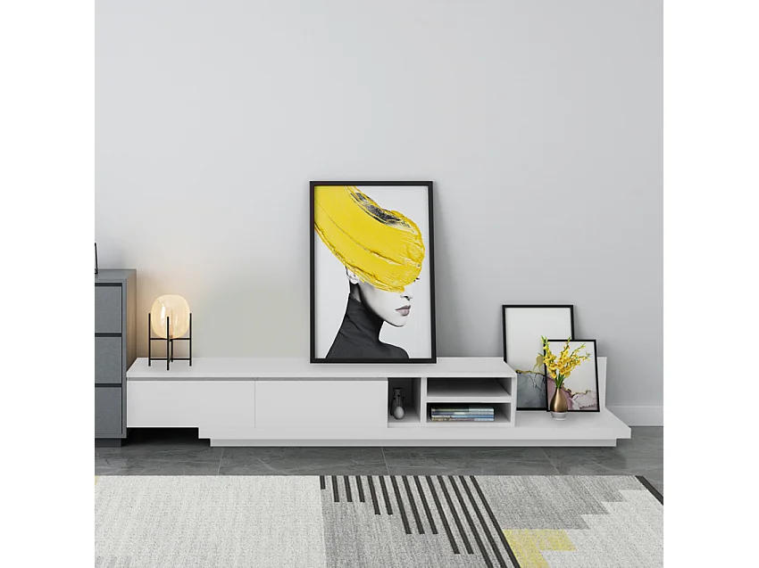 TV Bank 3 Fächer 2 Schubladen modernes Design Wohnzimmer Linurk - Weiß