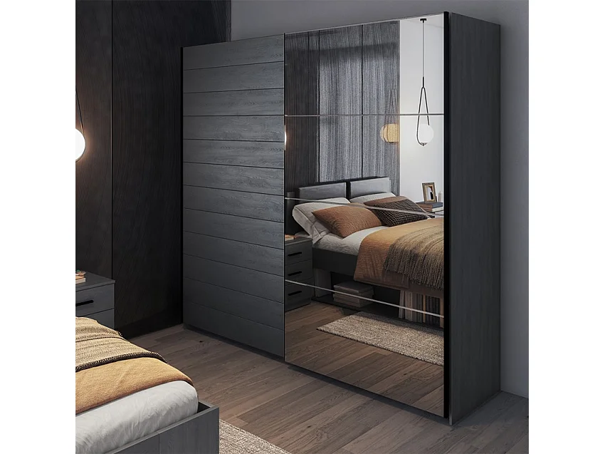 Armario ropero con puertas correderas y espejo 220x61x210 color roble oscuro Wamin