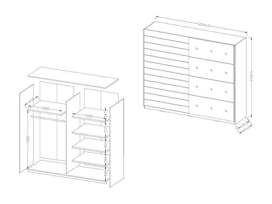 Armario ropero con puertas correderas y espejo 220x61x210 color roble oscuro Wamin
