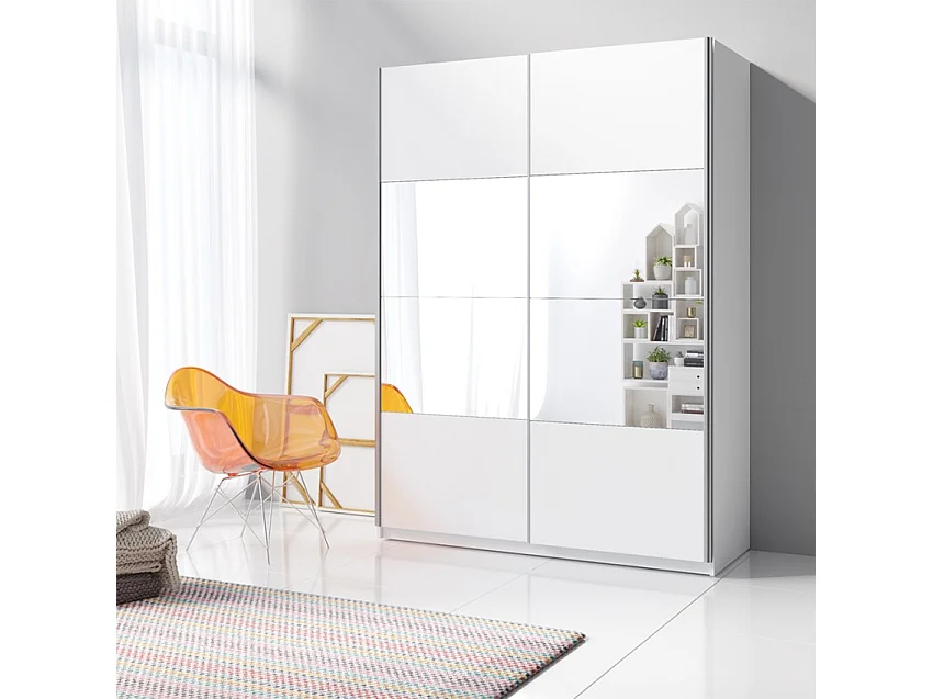 Armario ropero blanco 150x61x210 cm con puertas correderas y espejo Olette