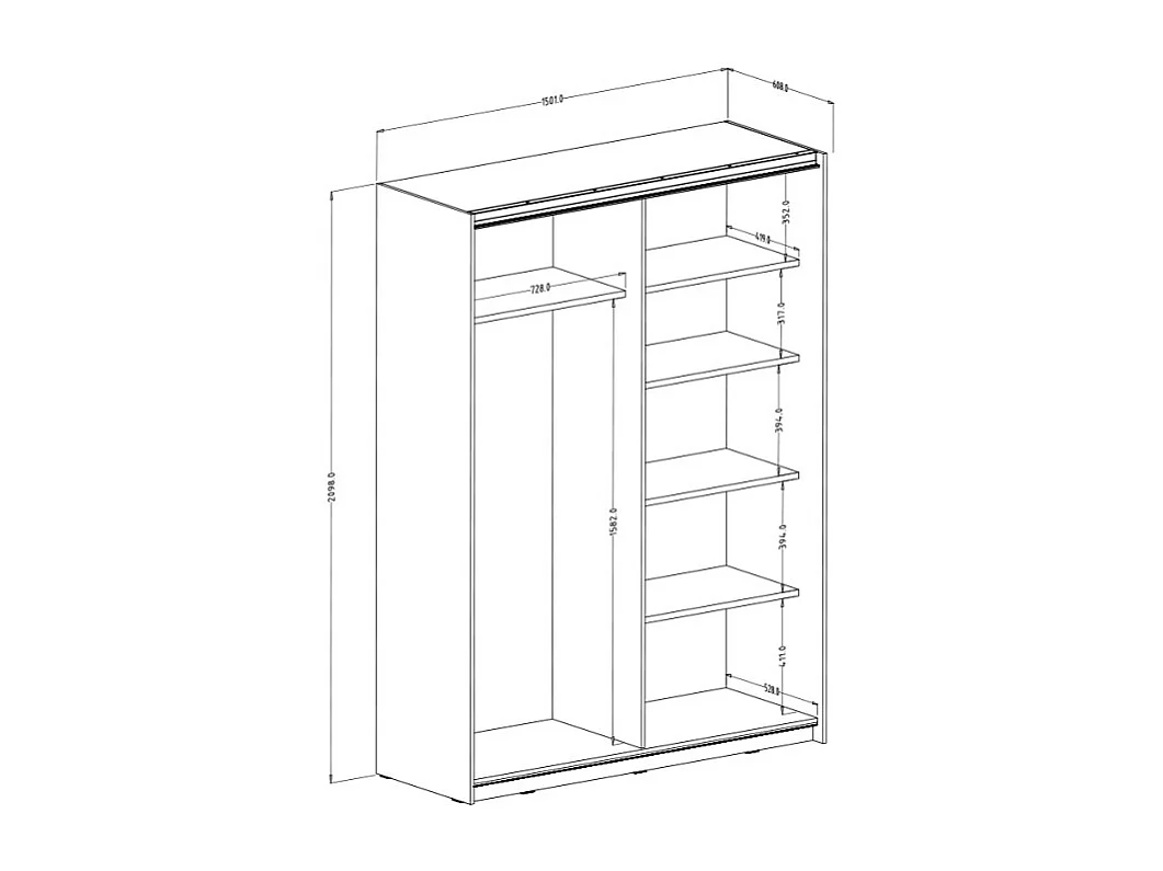 Armario ropero blanco 150x61x210 cm con puertas correderas y espejo Olette