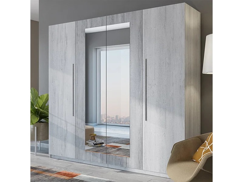 Armario ropero de 4 puertas con espejo madera roble gris 228x58x214 cm Morvel