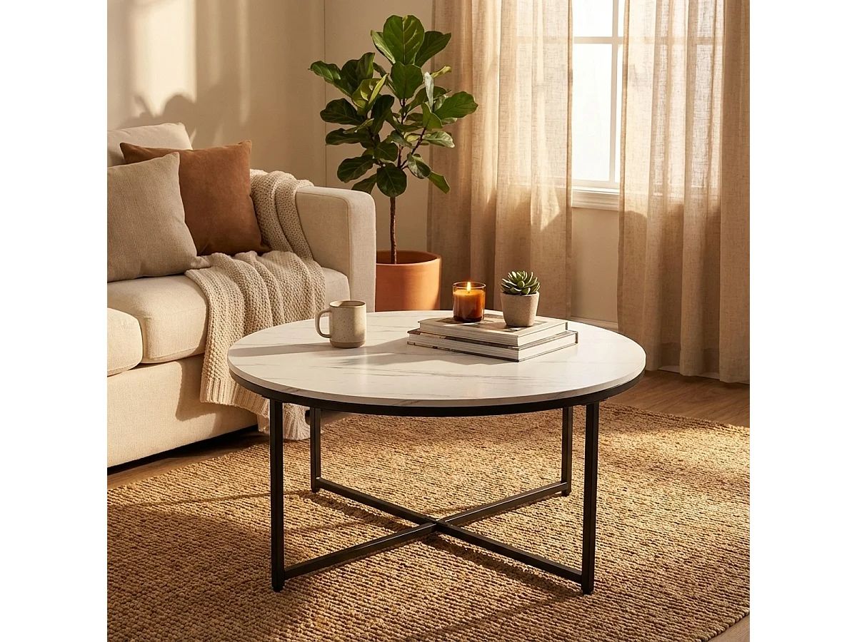 Mesa de centro redonda moderna de 90 cm de metal y efecto mármol Sulley+ - Negro